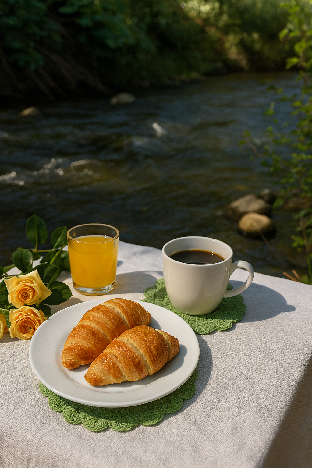 Breakfast setting with croissants, coffee, and orange juice  on a green handcrafted coaster by a river