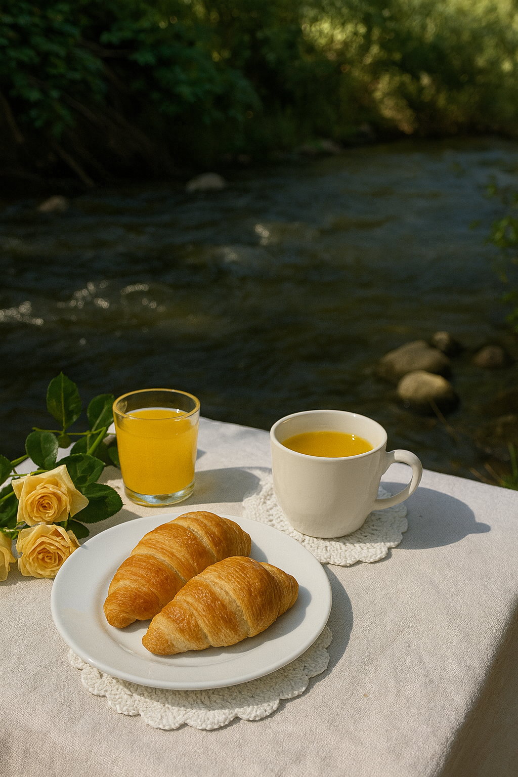 Breakfast setting with croissants, orange juice, and coffee by a river. The plates and coffee placed on beautifully handcrafted white crocheted coasters