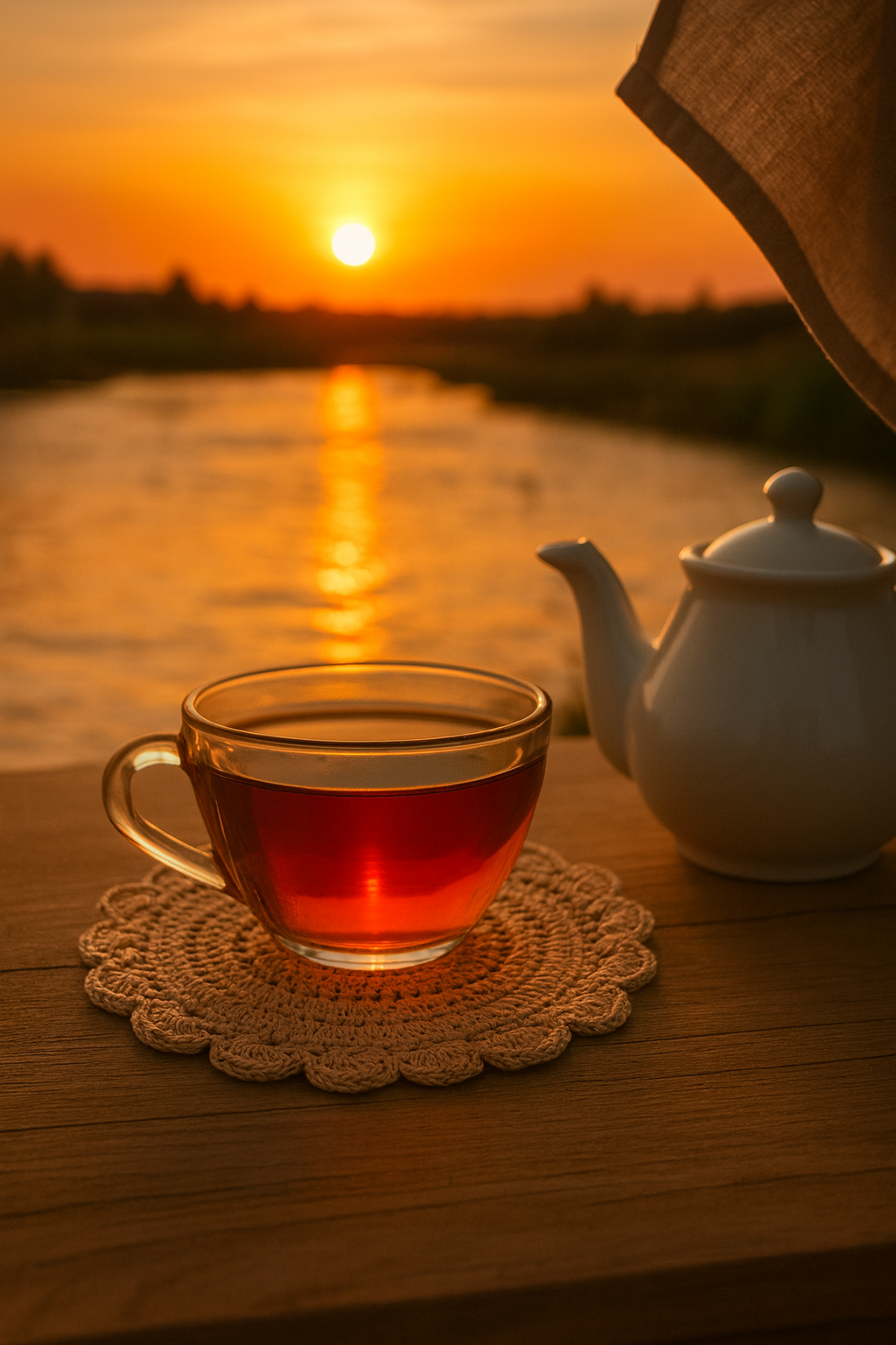 Tea cup on a white crochted coaster and teapot on a wooden table with a sunset over water in the background