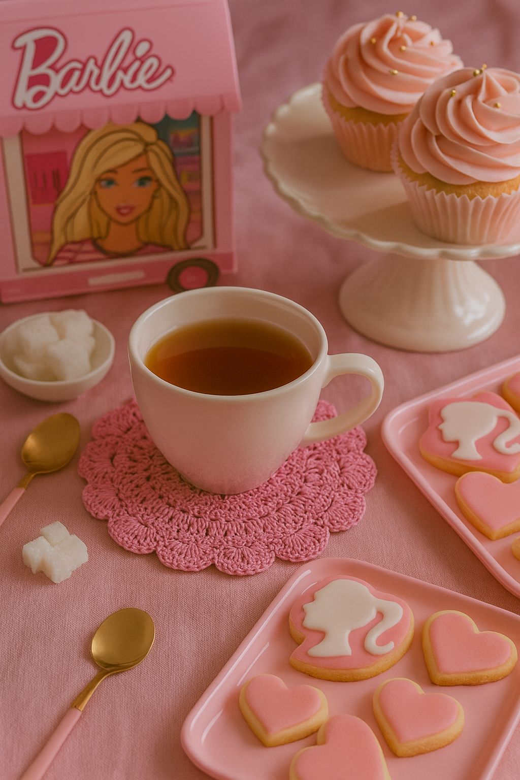 Barbie-themed tea set with cupcakes and cookies on a pink crocheted coaster
