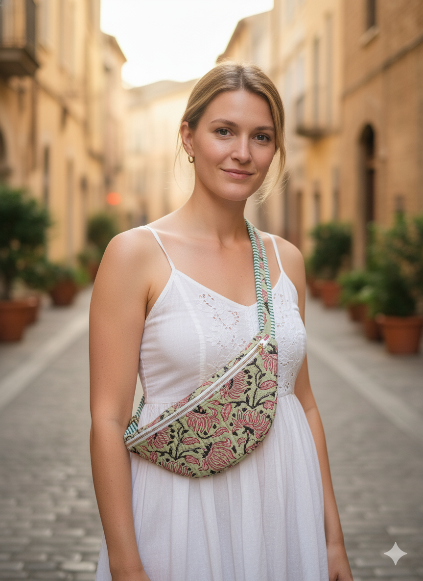 Woman wearing a white dress with a green and red floral-patterned fanny pack/ bum bag on a street.