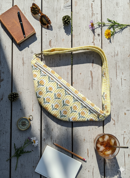 A yellow floral-patterned block print fannyu pack/bum bag on a wooden surface with a notebook, sunglasses, and a drink.