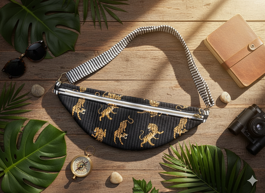 Black fanny pack/ Bum bag with gold tiger designs on a wooden surface with leaves and accessories.