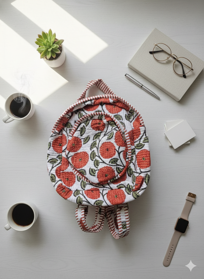 A marigold floral-patterned quilted backpack on a white surface with coffee cups, a notebook, and glasses.