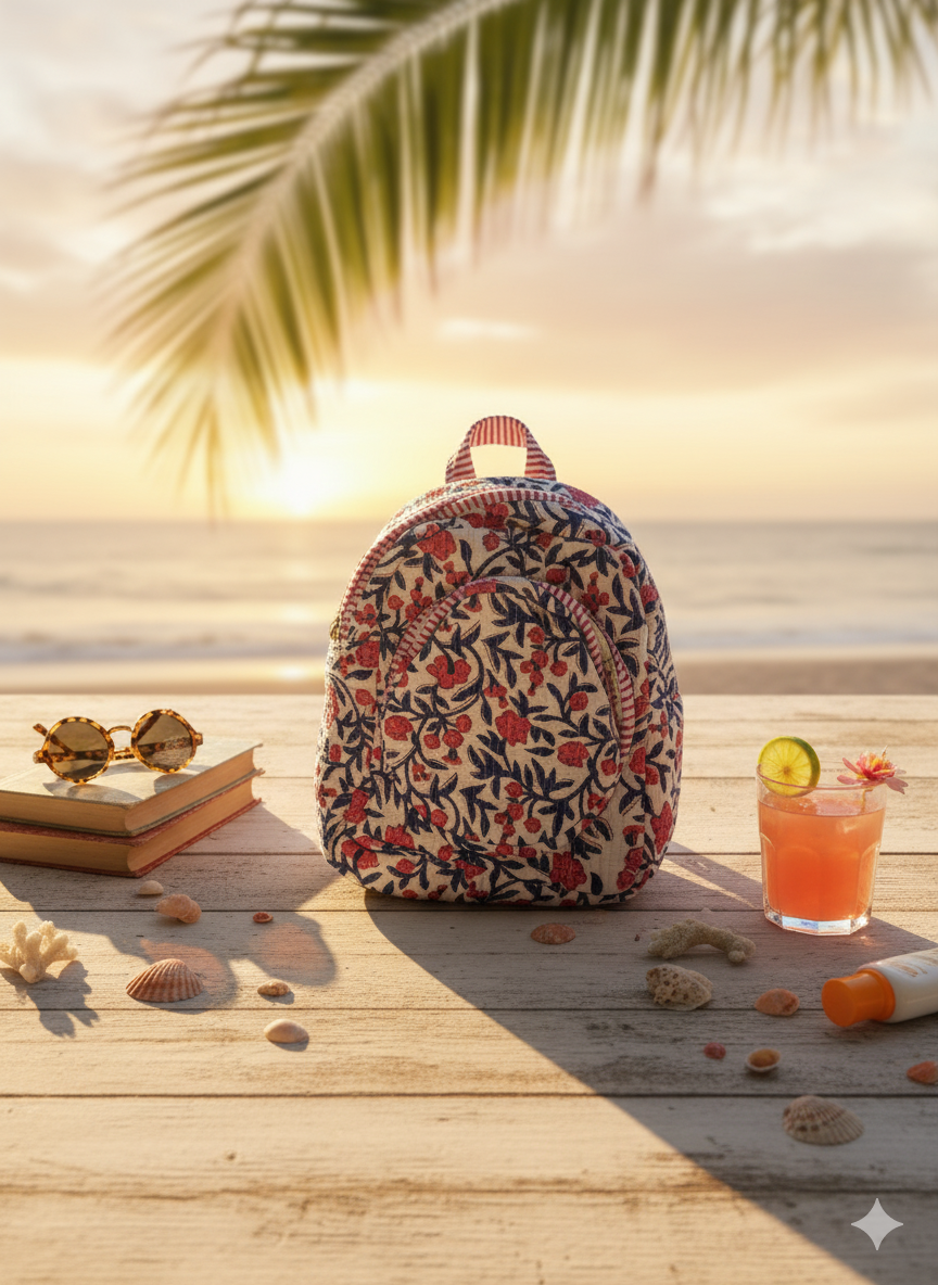 Botanic Blossom Mini Quilted Backpack with colourful floral print and quilted white fabric on a wooden deck with a drink and sunglasses, palm leaves in the background