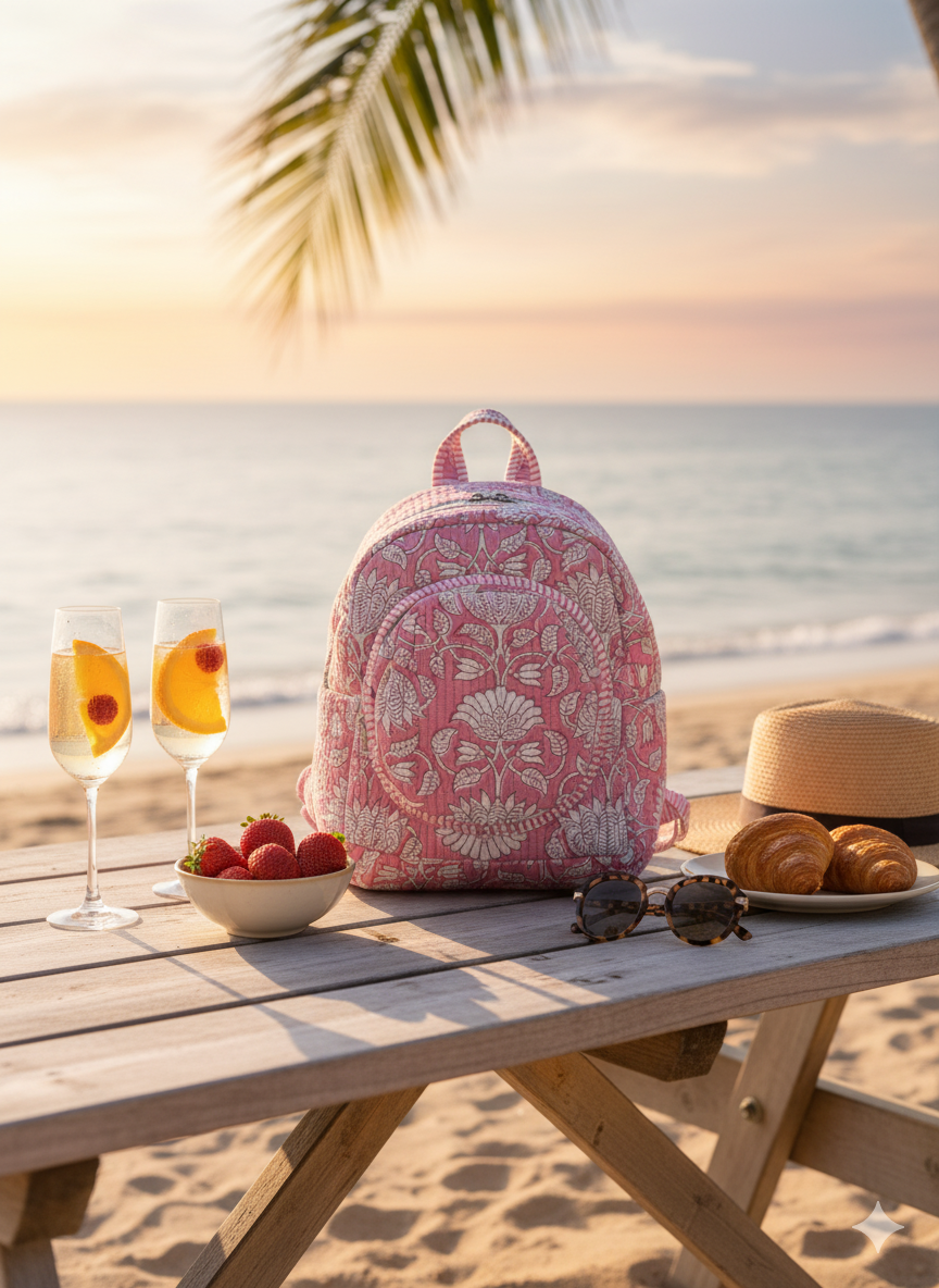 A pink and white floral-patterned backpack on a beach table with drinks and snacks.
