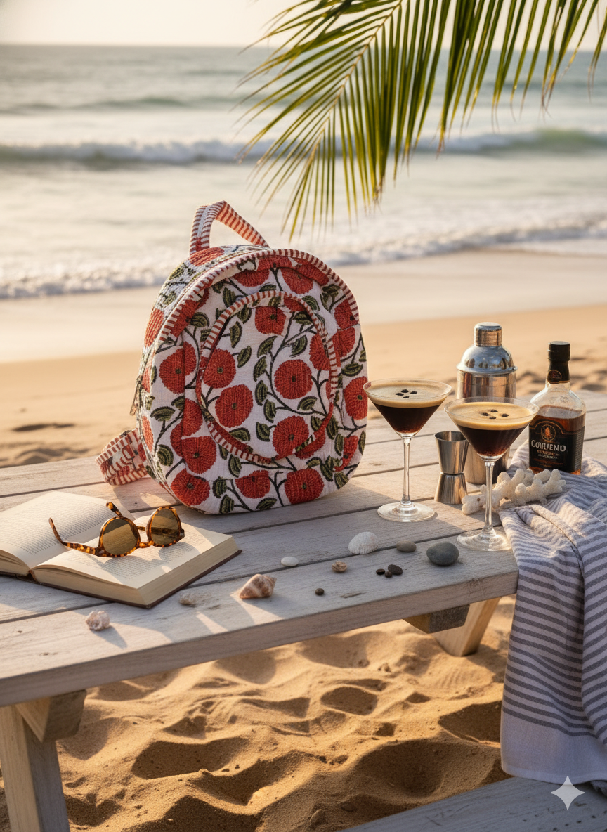 Quilted Mini Backpack with floral pattern on a beach table with drinks and books