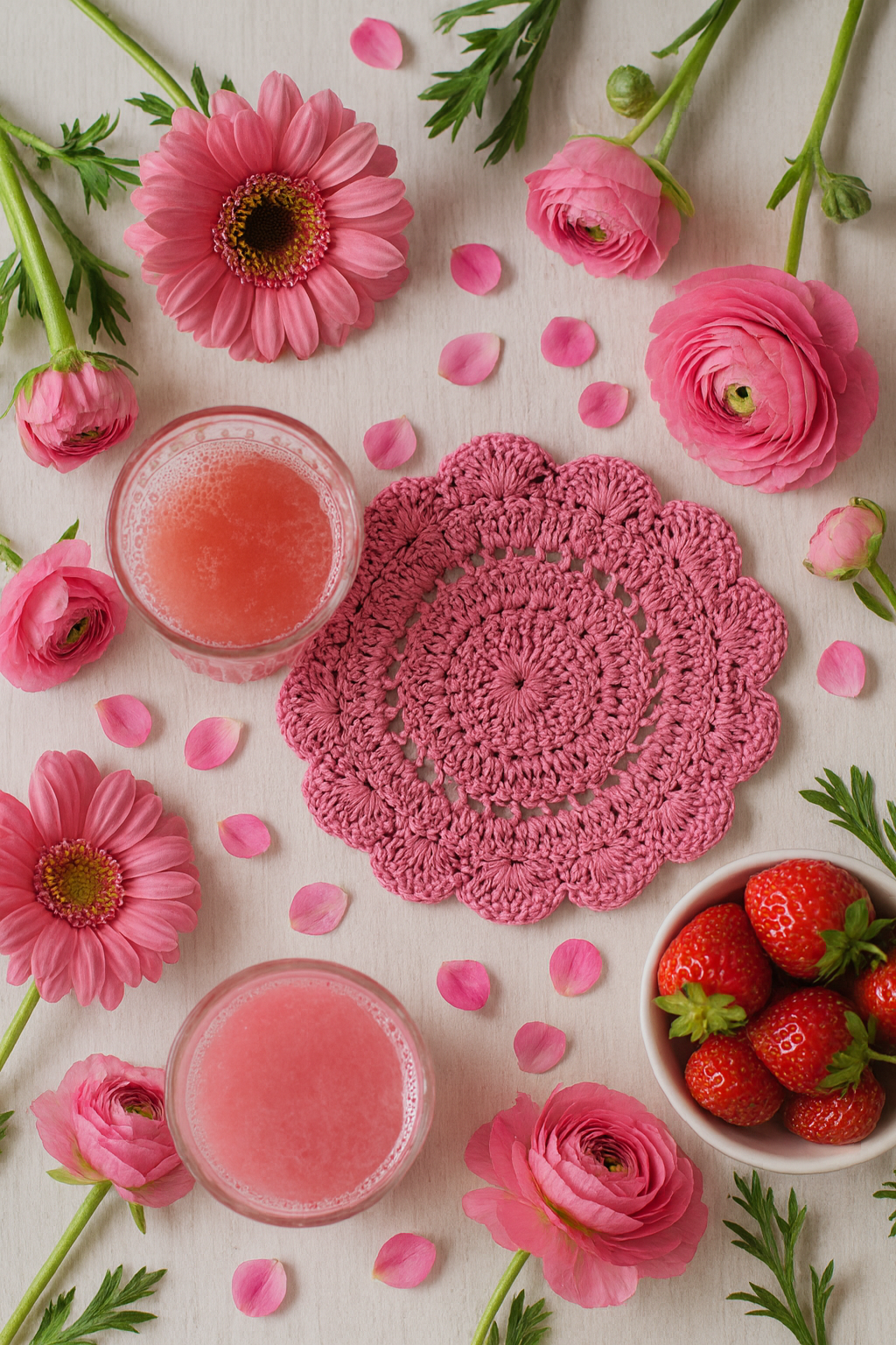 Pink flowers, glasses of pink juice, and a bowl of strawberries on a light surface with a pink crocheted coaster.