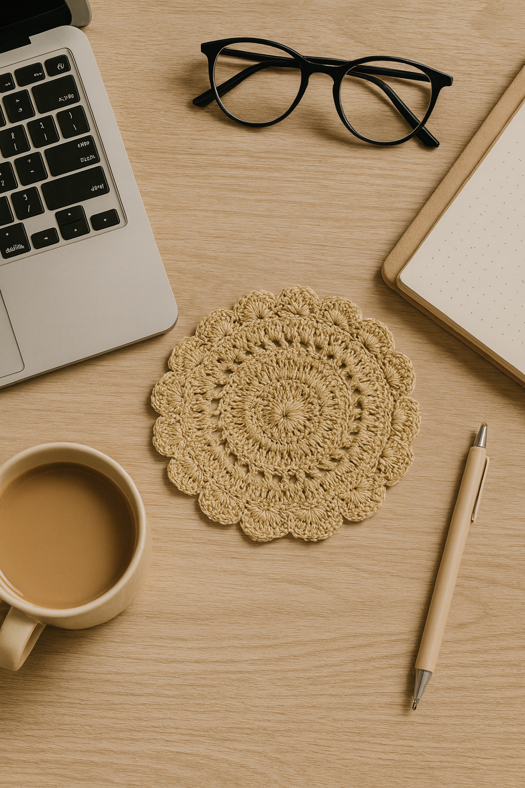 Laptop, coffee cup, glasses, beige crochet coaster, pen on a wooden desk