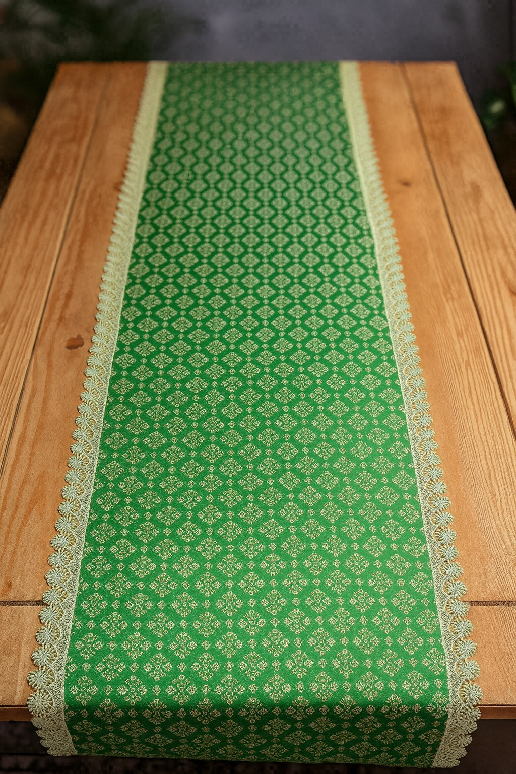 Greendale Hand Block Print Table Runner on wooden dining table