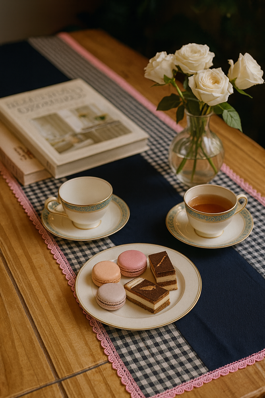 Tea set with cookies and a vase of flowers on a checkered Artisan-made table runner with pink lace and navy blue tones