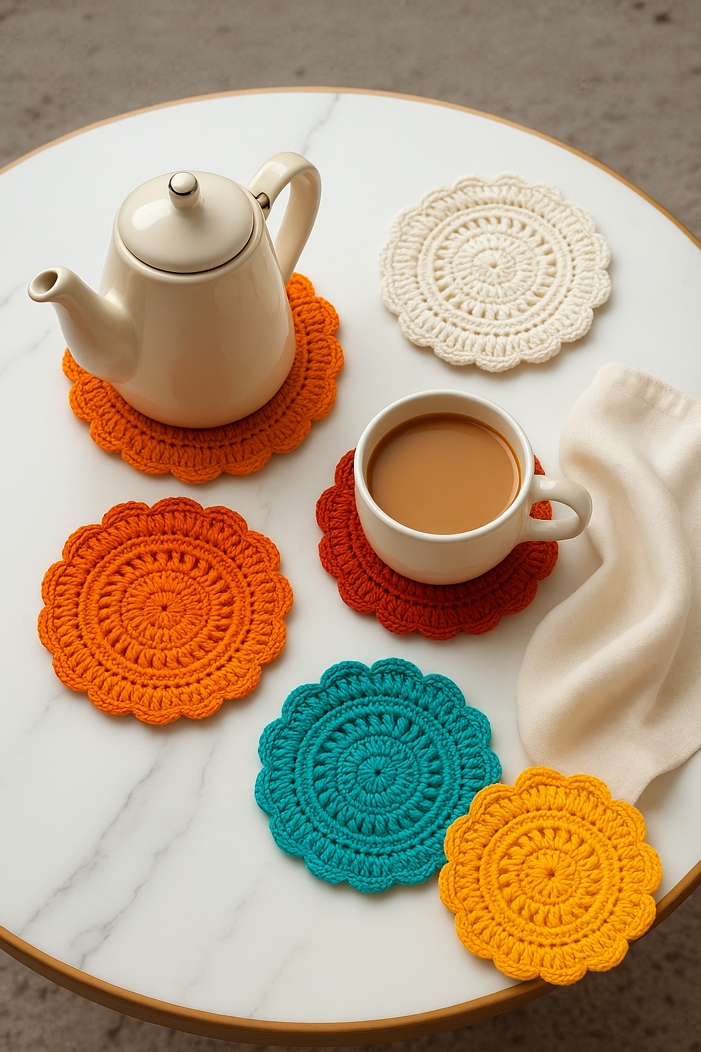 Colorful crocheted coasters on a marble surface with a teapot and cup.