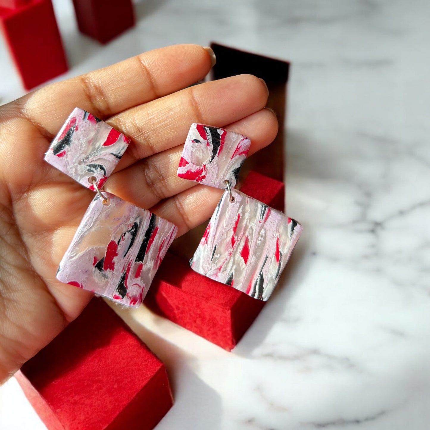 Crimson Marble Drop Earrings