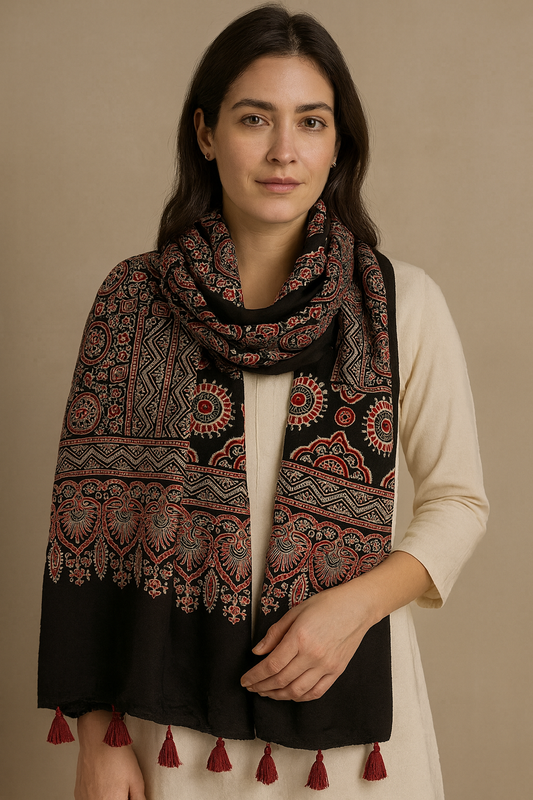 Ajrakh Modal Silk Stole/ Scarf with Tassels