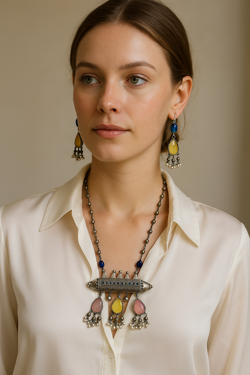 Blue Talisman Statement Necklace Set with Earrings