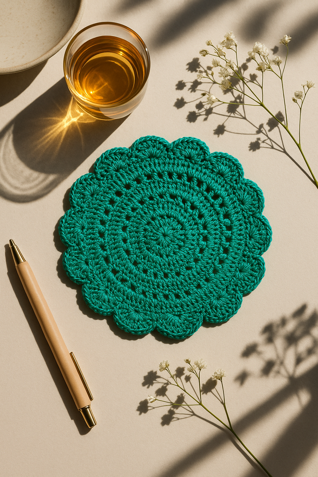 Green crocheted coaster on a beige surface with a pen and glass of tea.