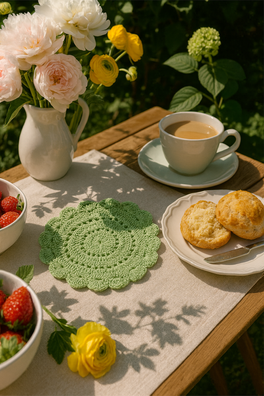Tea set with cookies and strawberries on a table outdoors, apple-green handcrafted coaster, surrounded by flowers.