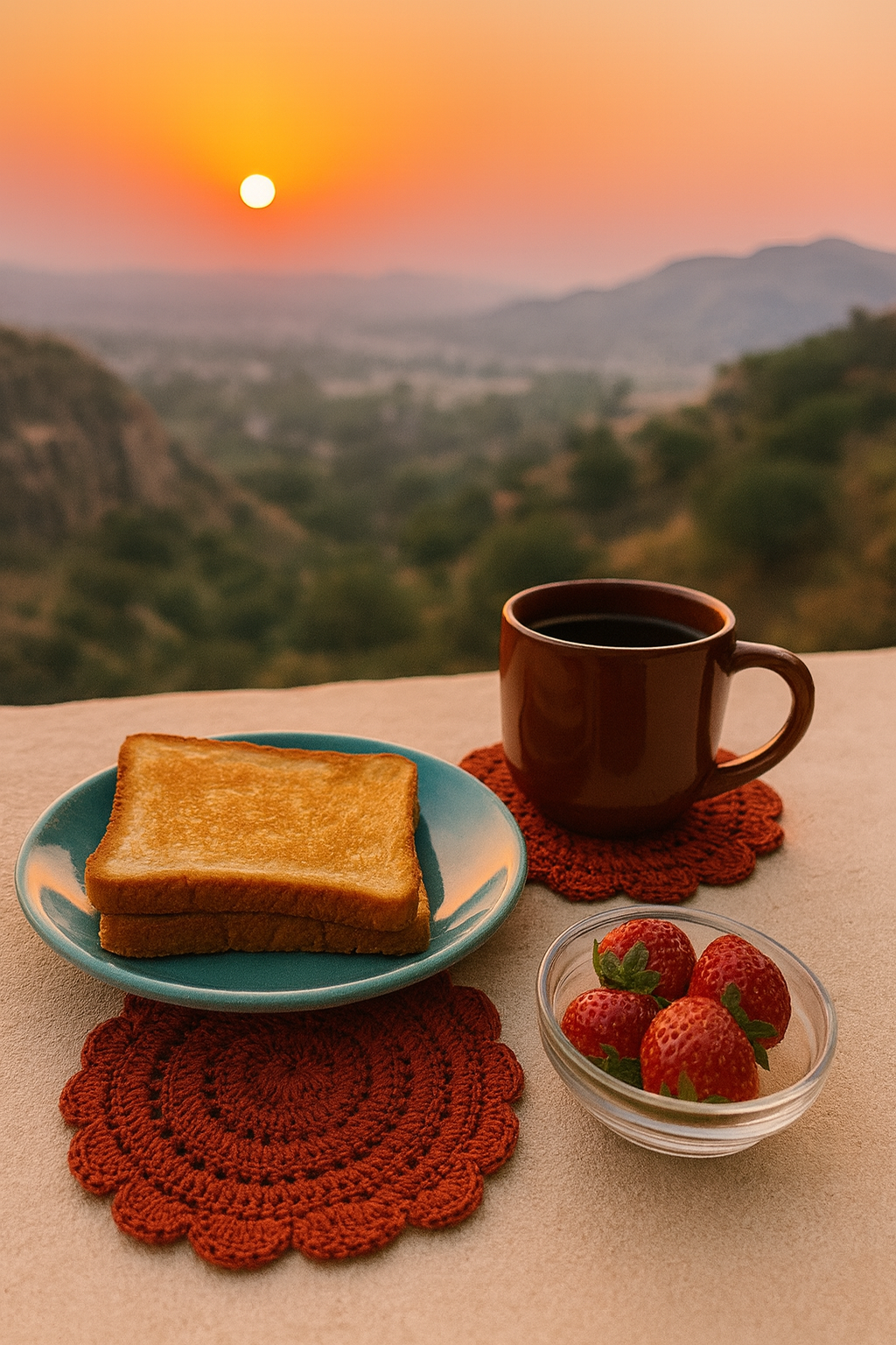 Toast, coffee, and strawberries on crocheted chocolate brown costers on a table with a scenic sunset background