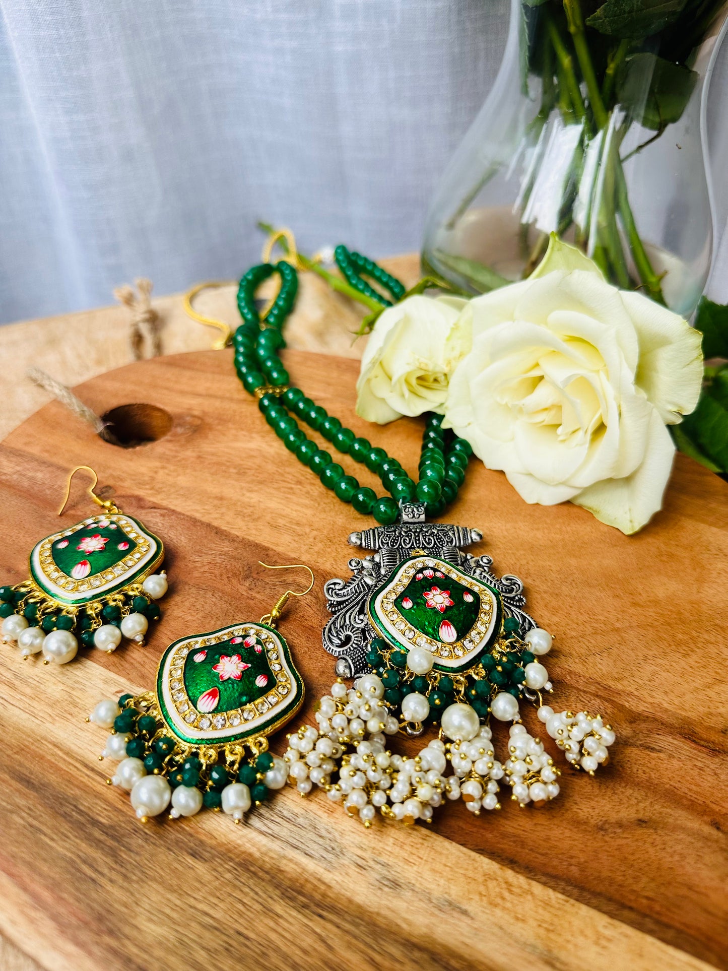 Meenakari Meadow Long Bead Necklace Set