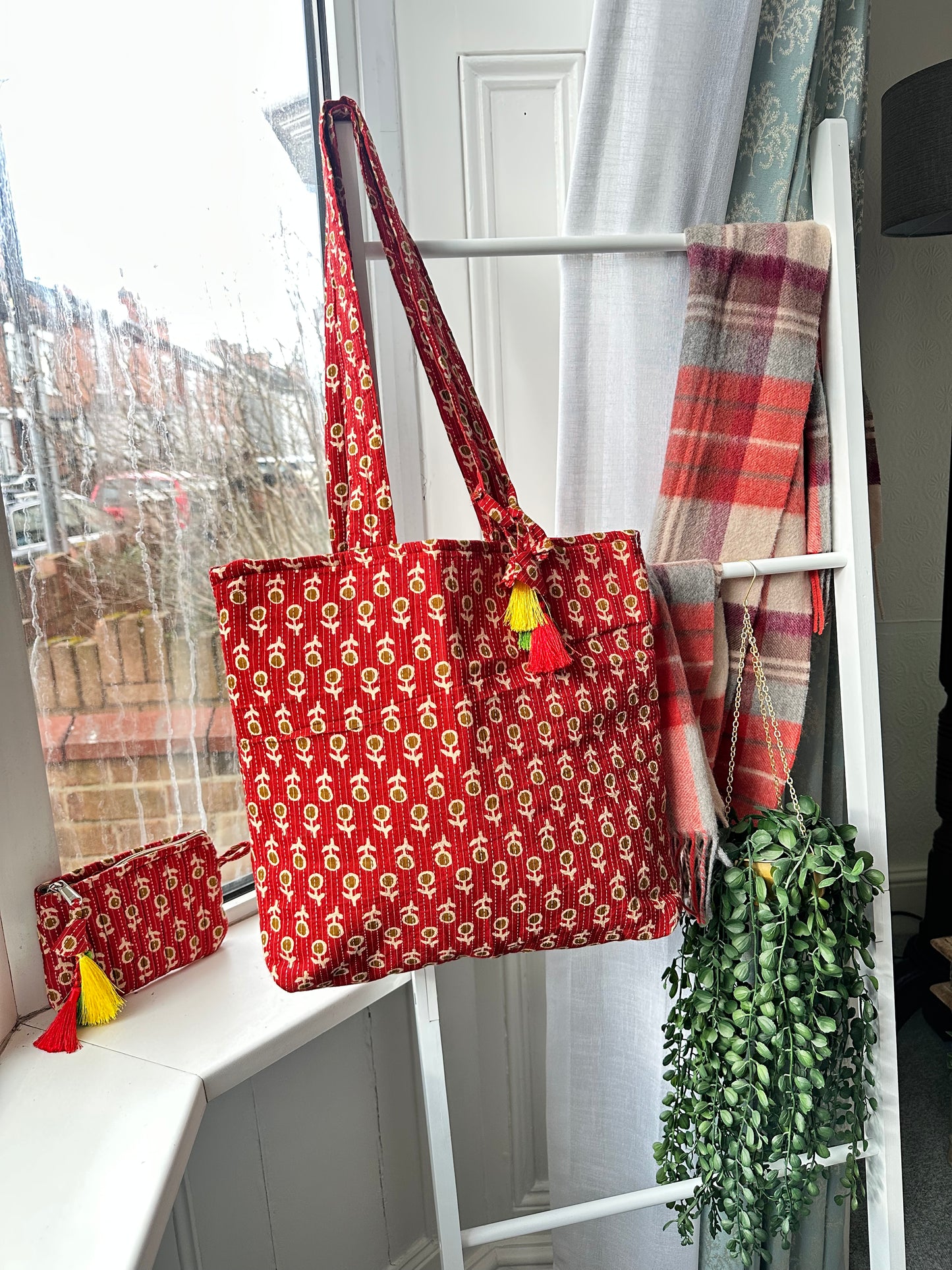 Crimson Charm Quilted Handmade Tote Bag with Mini Pouch and Tassels