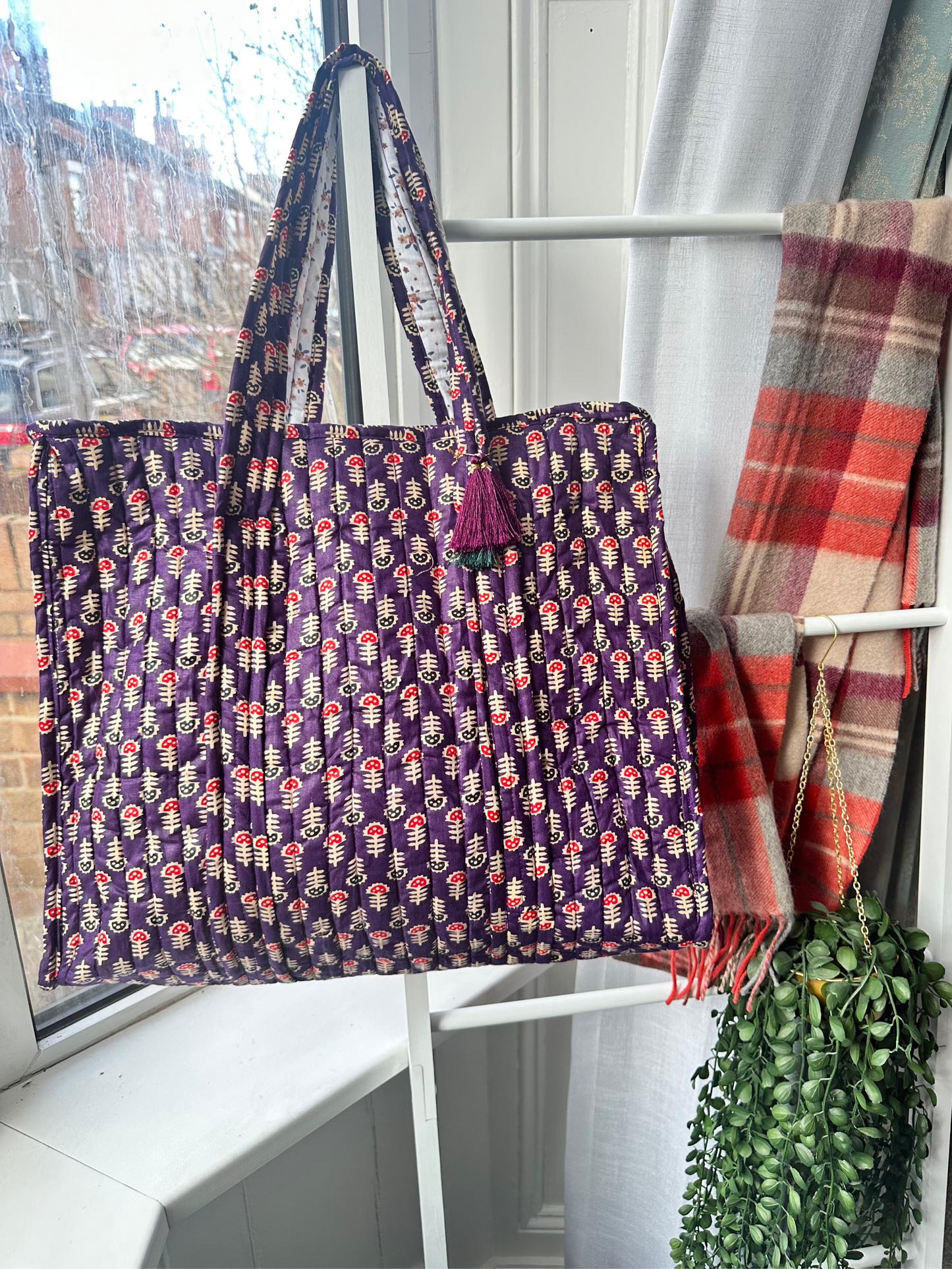 Wildflower Indigo Quilted Handmade Shoulder Bag with Tassels