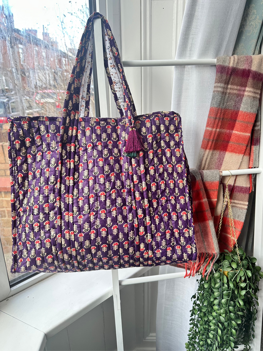 Wildflower Indigo Quilted Handmade Shoulder Bag with Tassels