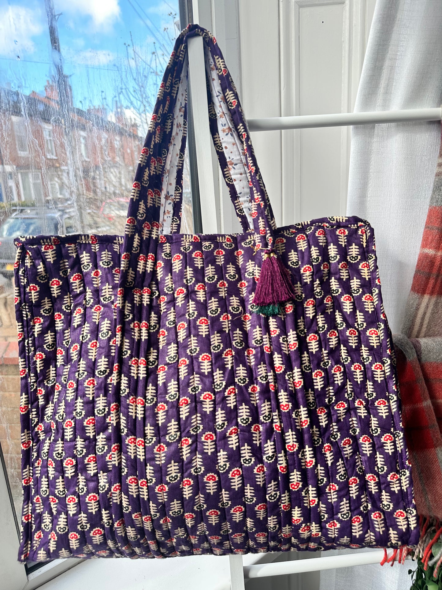 Wildflower Indigo Quilted Handmade Shoulder Bag with Tassels