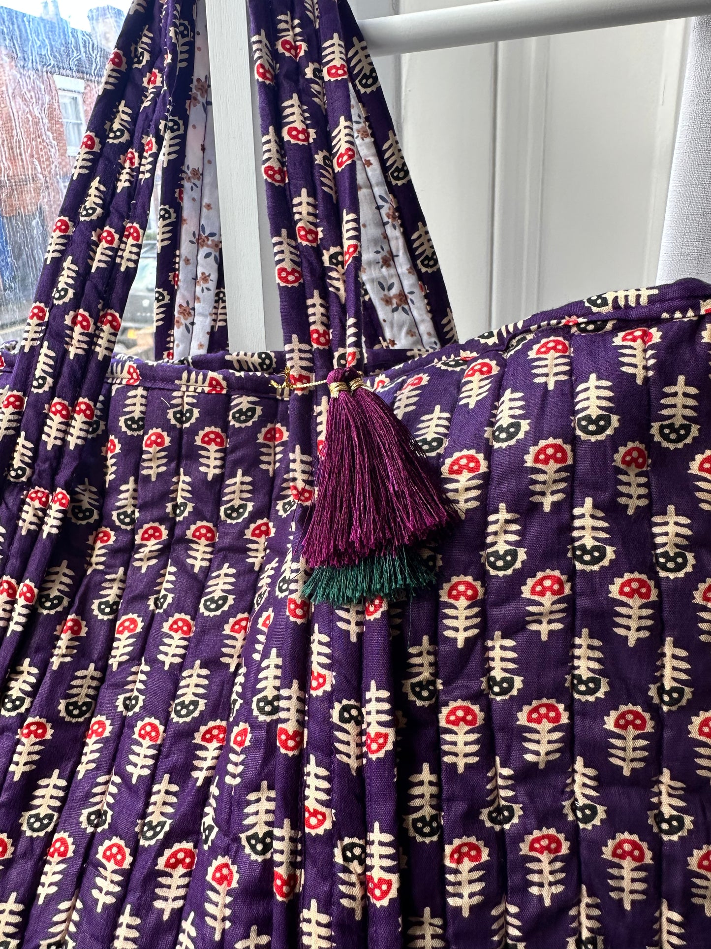 Wildflower Indigo Quilted Handmade Shoulder Bag with Tassels