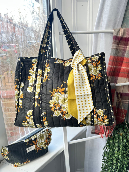 Vintage Flora Quilted Handmade Zipper Tote Bag with scarf and Matching Mini Pouch