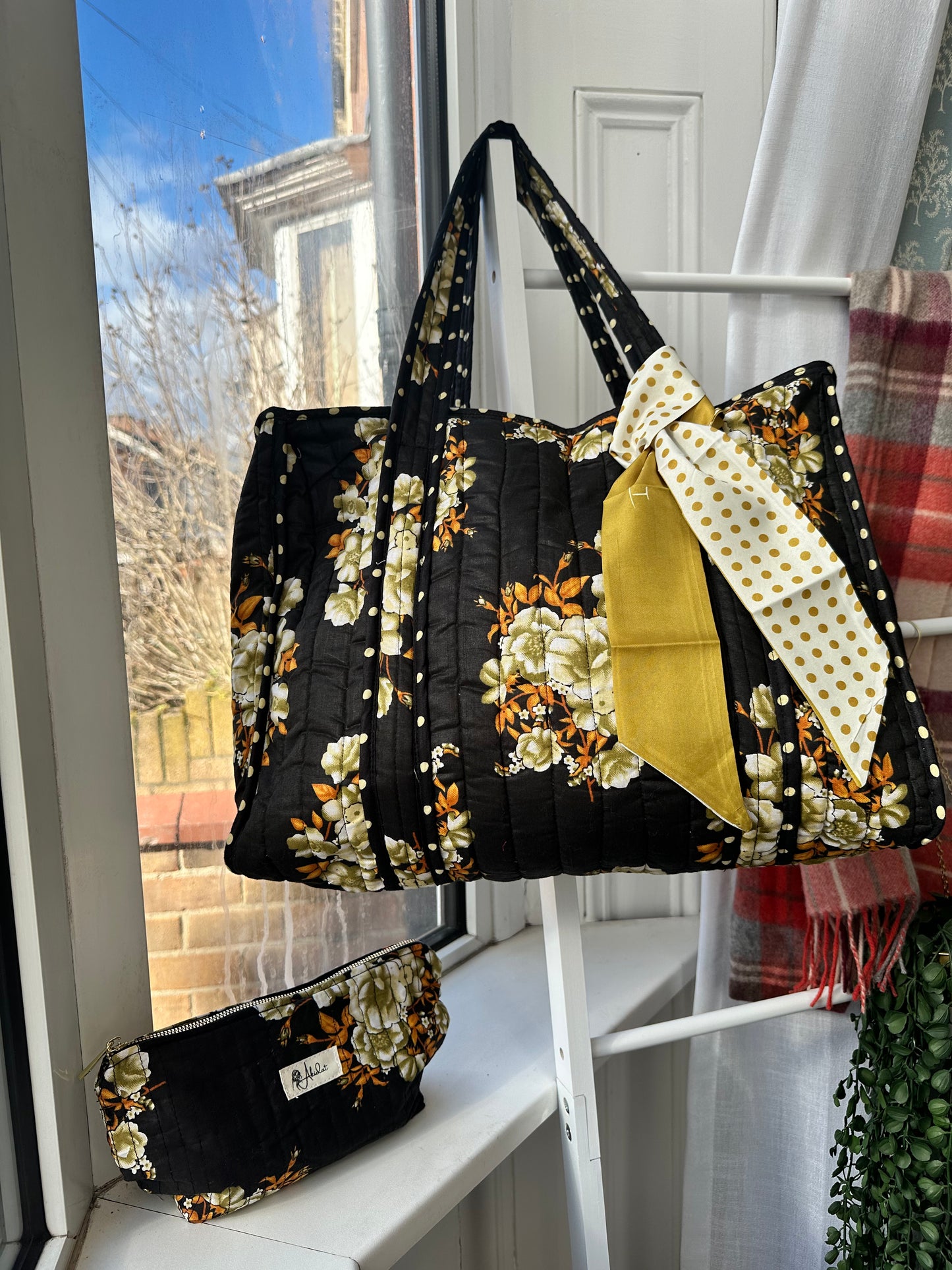 Vintage Flora Quilted Handmade Zipper Tote Bag with scarf and Matching Mini Pouch