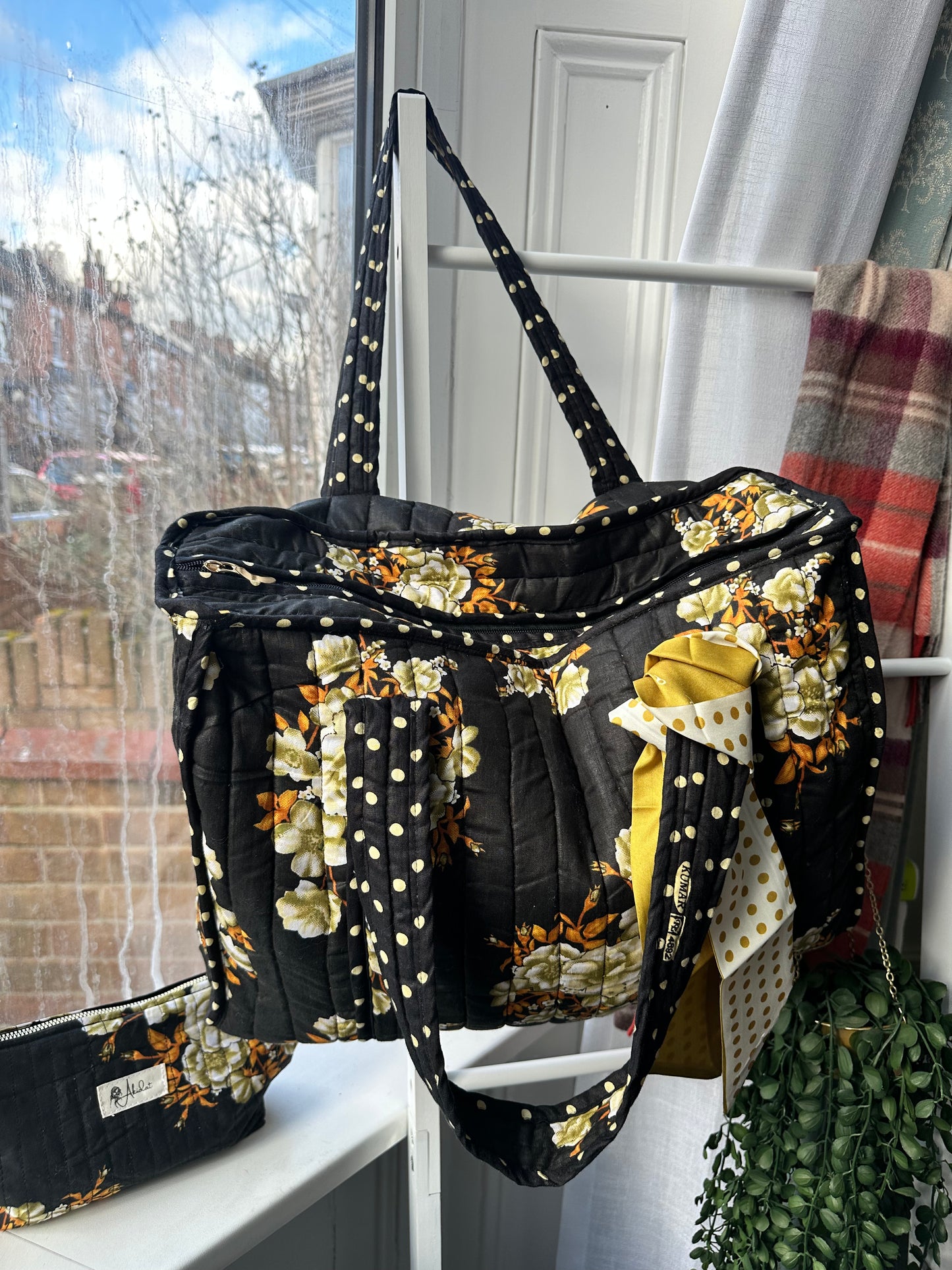 Vintage Flora Quilted Handmade Zipper Tote Bag with scarf and Matching Mini Pouch