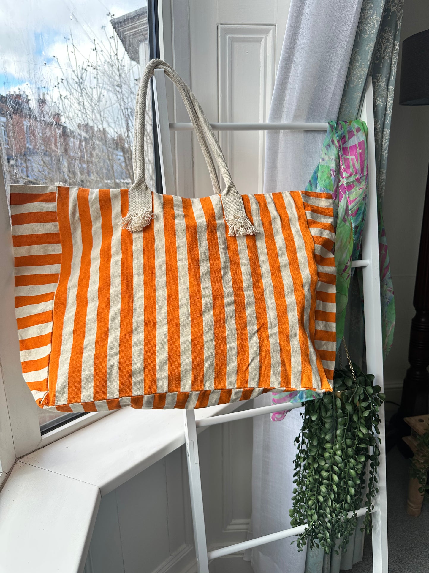 Tangerine Cabana Cotton Oversized Striped Travel Bag with Fringed Edges