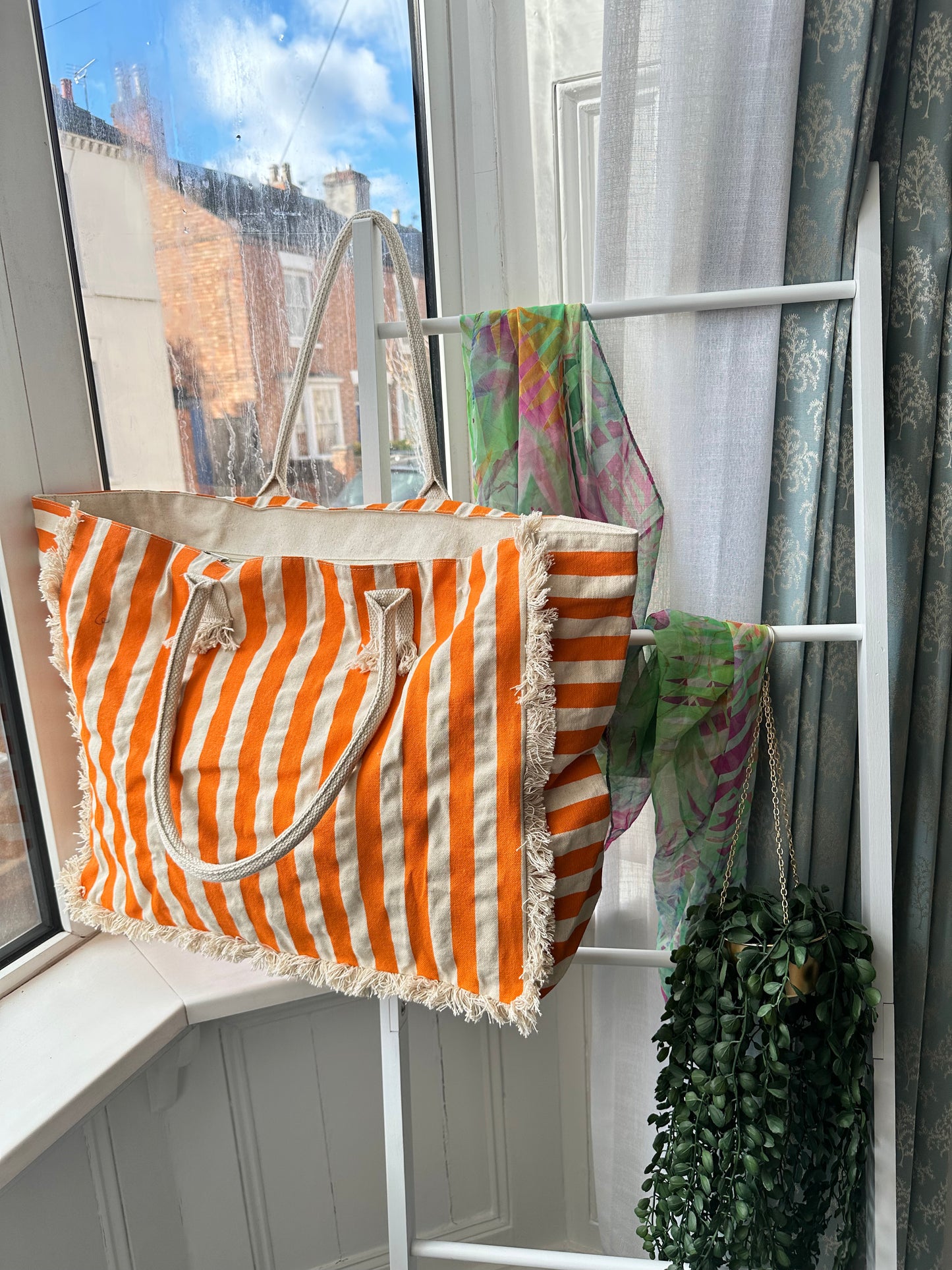 Tangerine Cabana Cotton Oversized Striped Travel Bag with Fringed Edges
