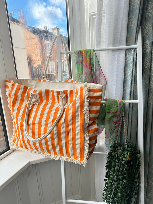 Tangerine Cabana Cotton Oversized Striped Travel Bag with Fringed Edges