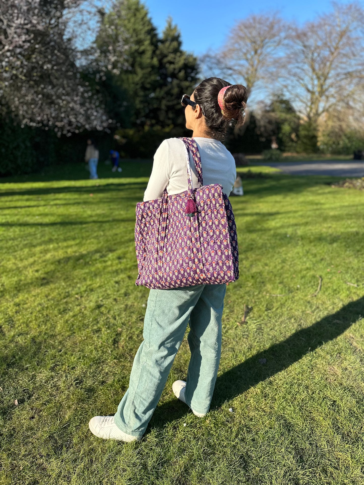 Wildflower Indigo Quilted Handmade Shoulder Bag with Tassels