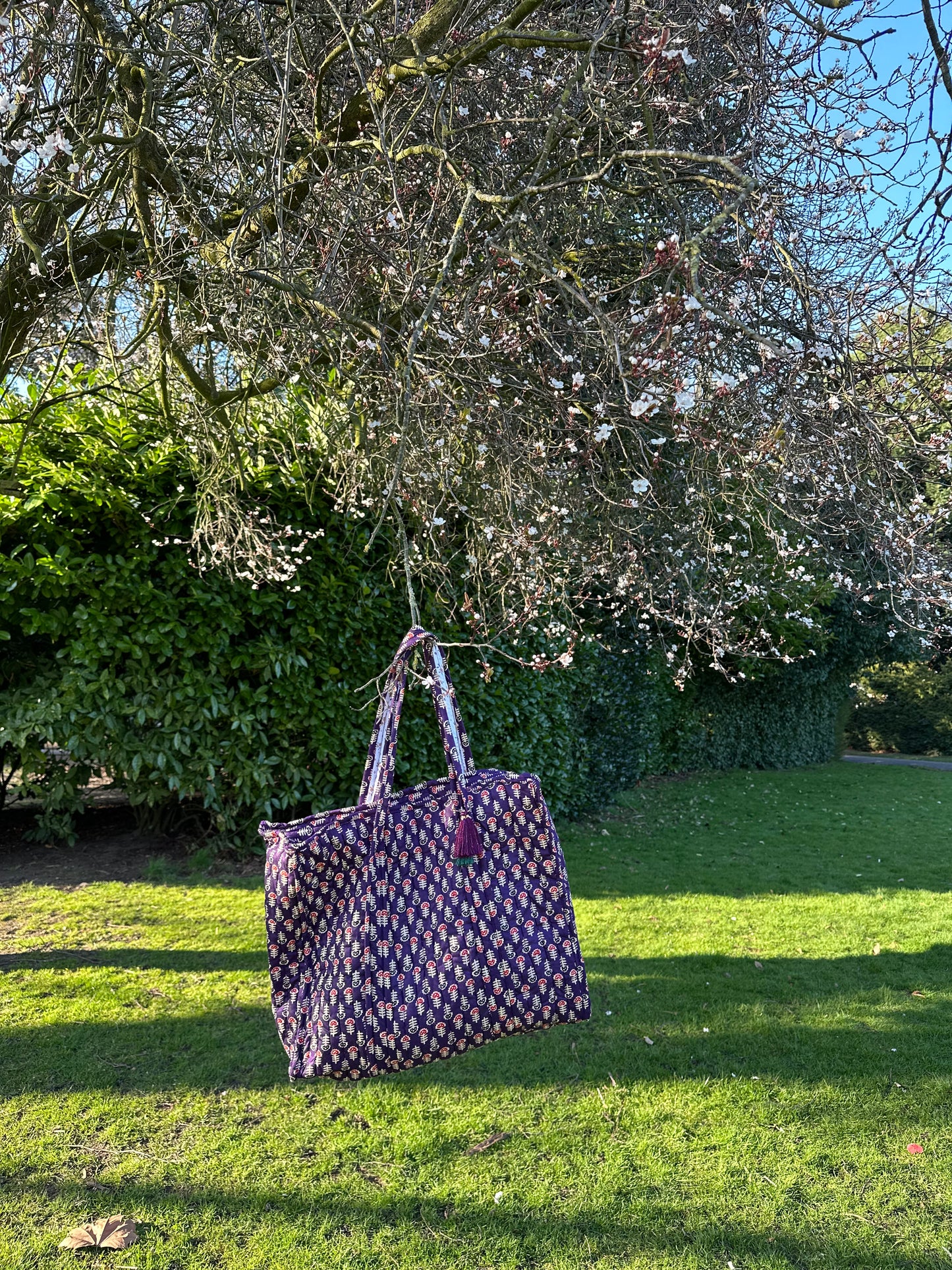Wildflower Indigo Quilted Handmade Shoulder Bag with Tassels