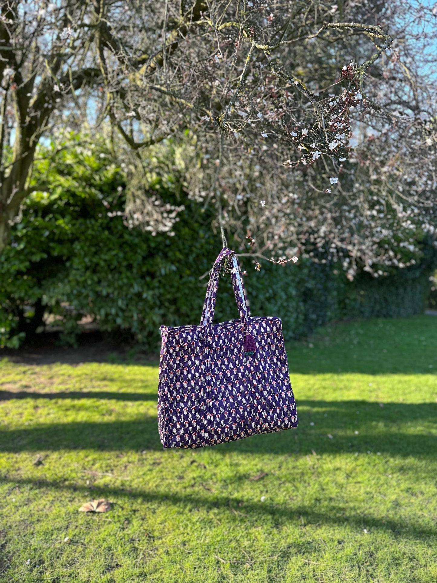 Wildflower Indigo Quilted Handmade Shoulder Bag with Tassels