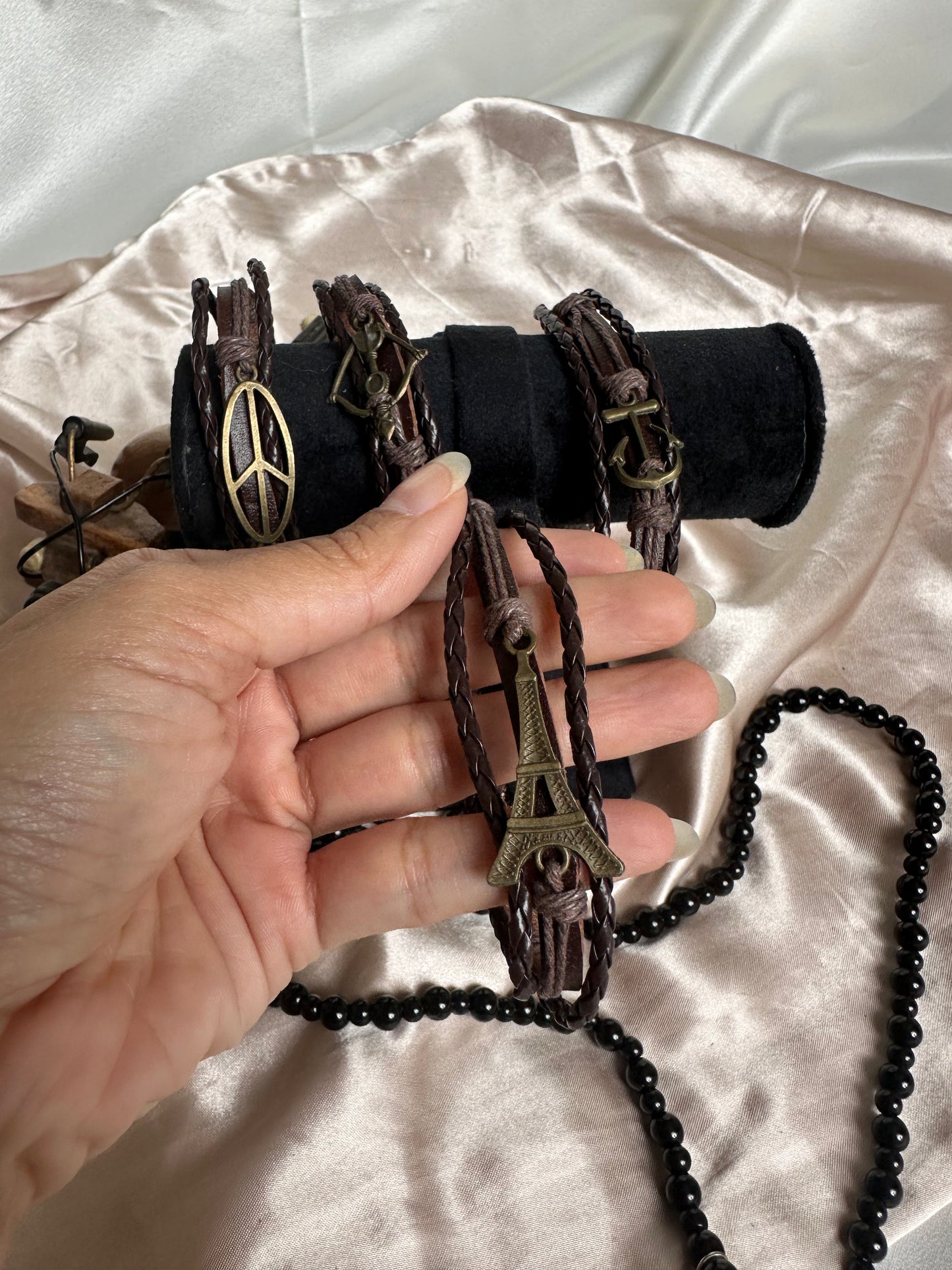 Eiffel Tower Dark Brown Leather Rope Cord Bracelet