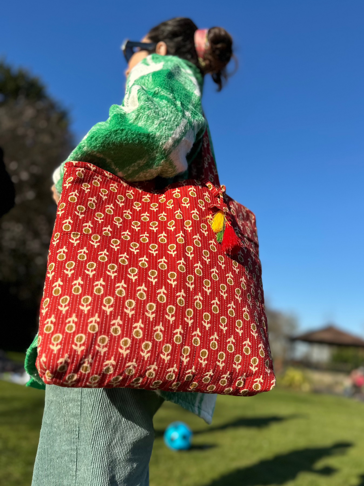 Crimson Charm Quilted Handmade Tote Bag with Mini Pouch and Tassels