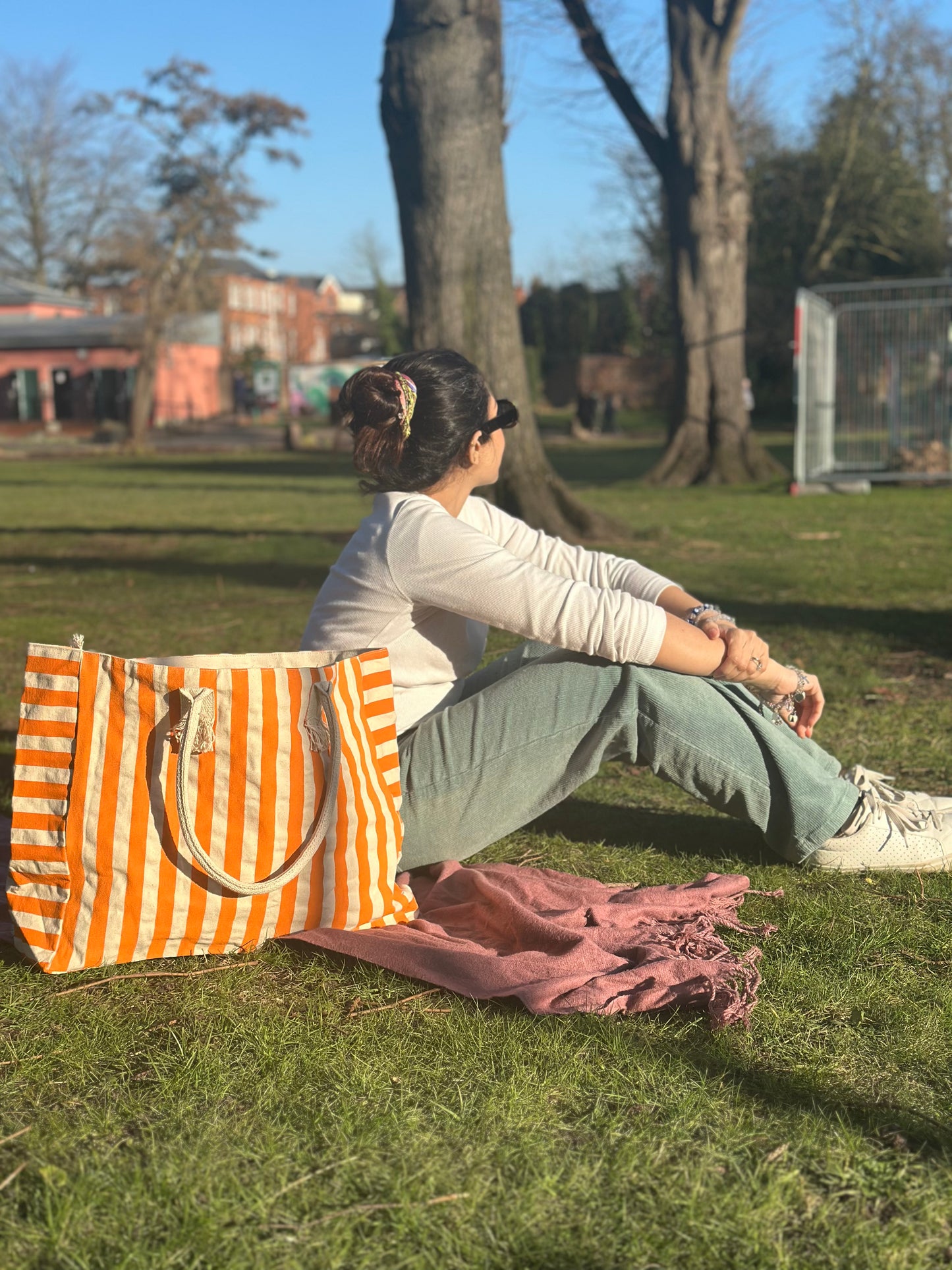Tangerine Cabana Cotton Oversized Striped Travel Bag with Fringed Edges