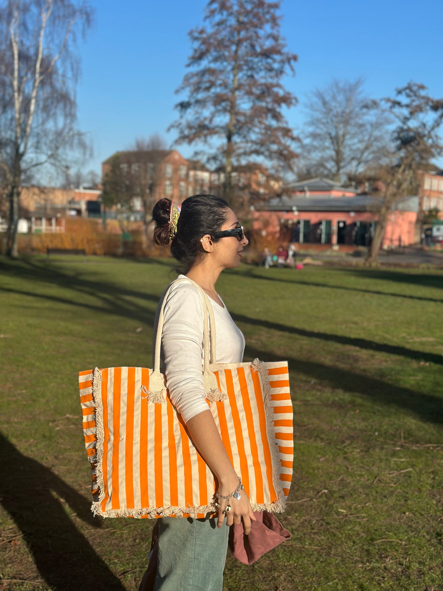 Tangerine Cabana Cotton Oversized Striped Travel Bag with Fringed Edges