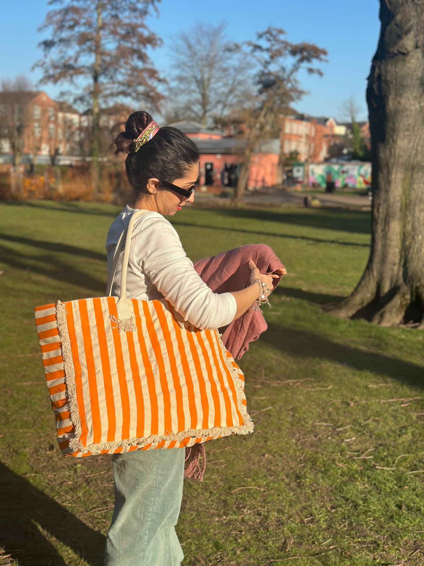 Tangerine Cabana Cotton Oversized Striped Travel Bag with Fringed Edges