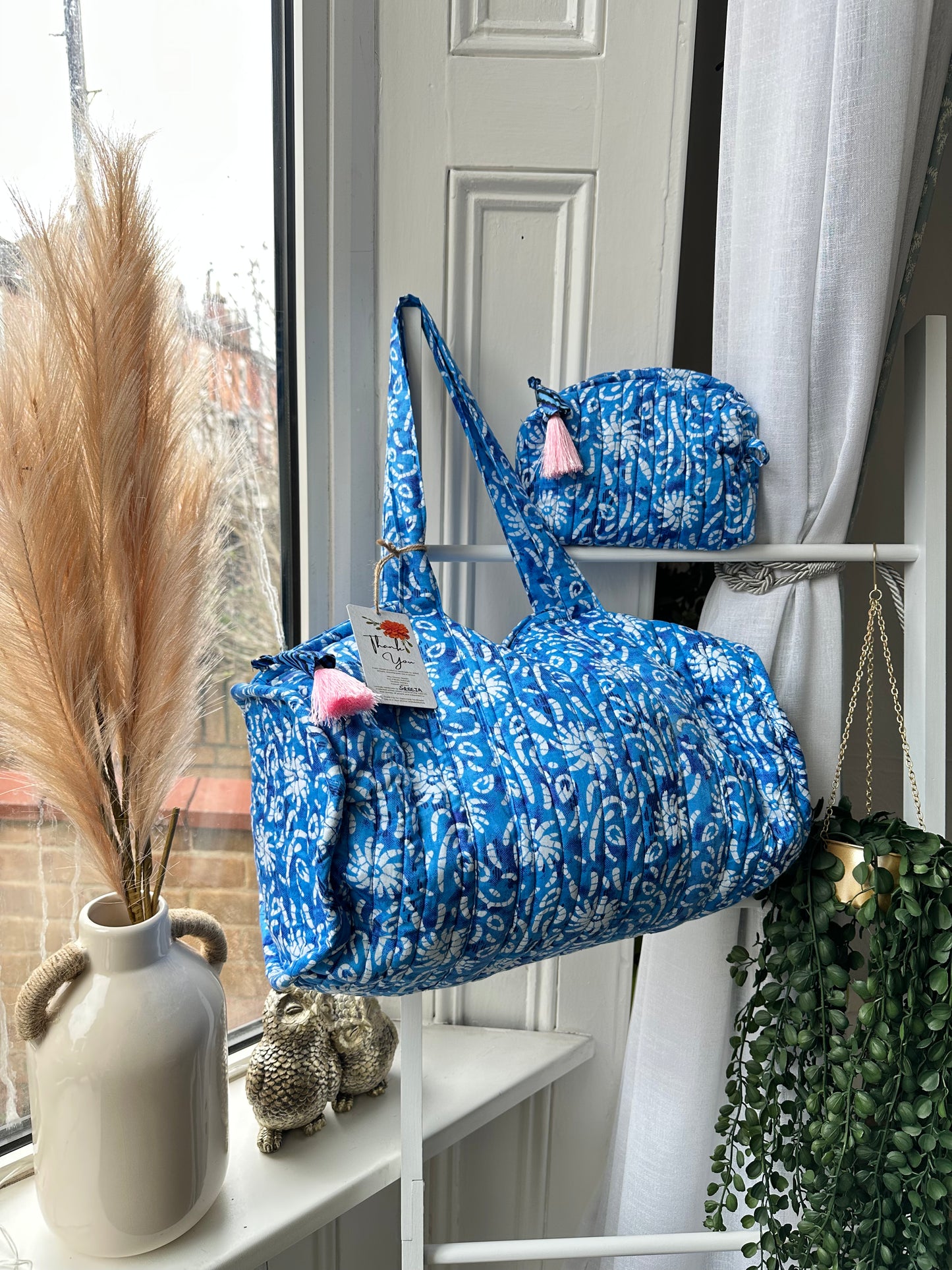 Boho Weekender Vibes Reusable eco-friendly quilted Duffle Bag with a mini pouch