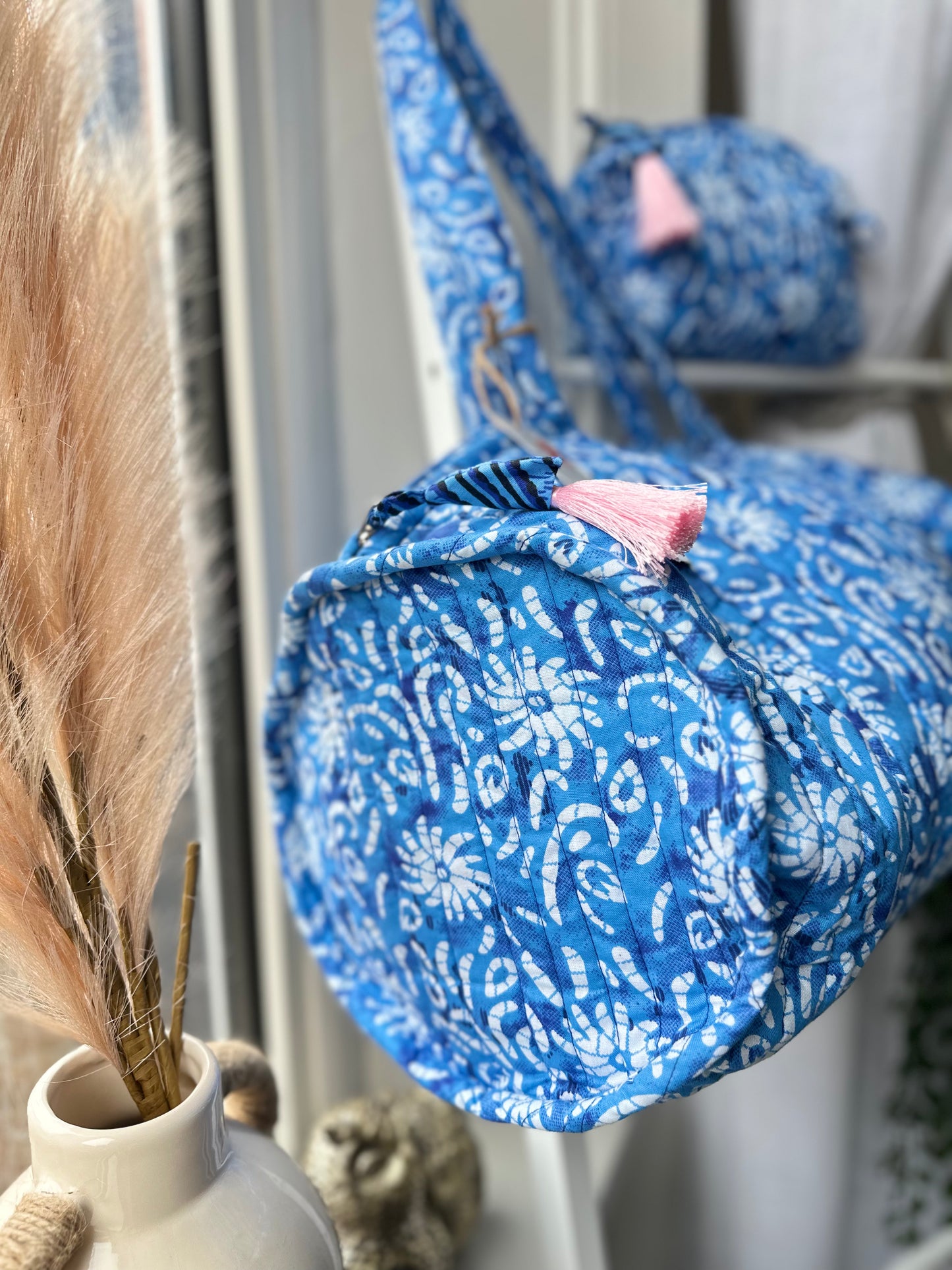 Boho Weekender Vibes Reusable eco-friendly quilted Duffle Bag with a mini pouch