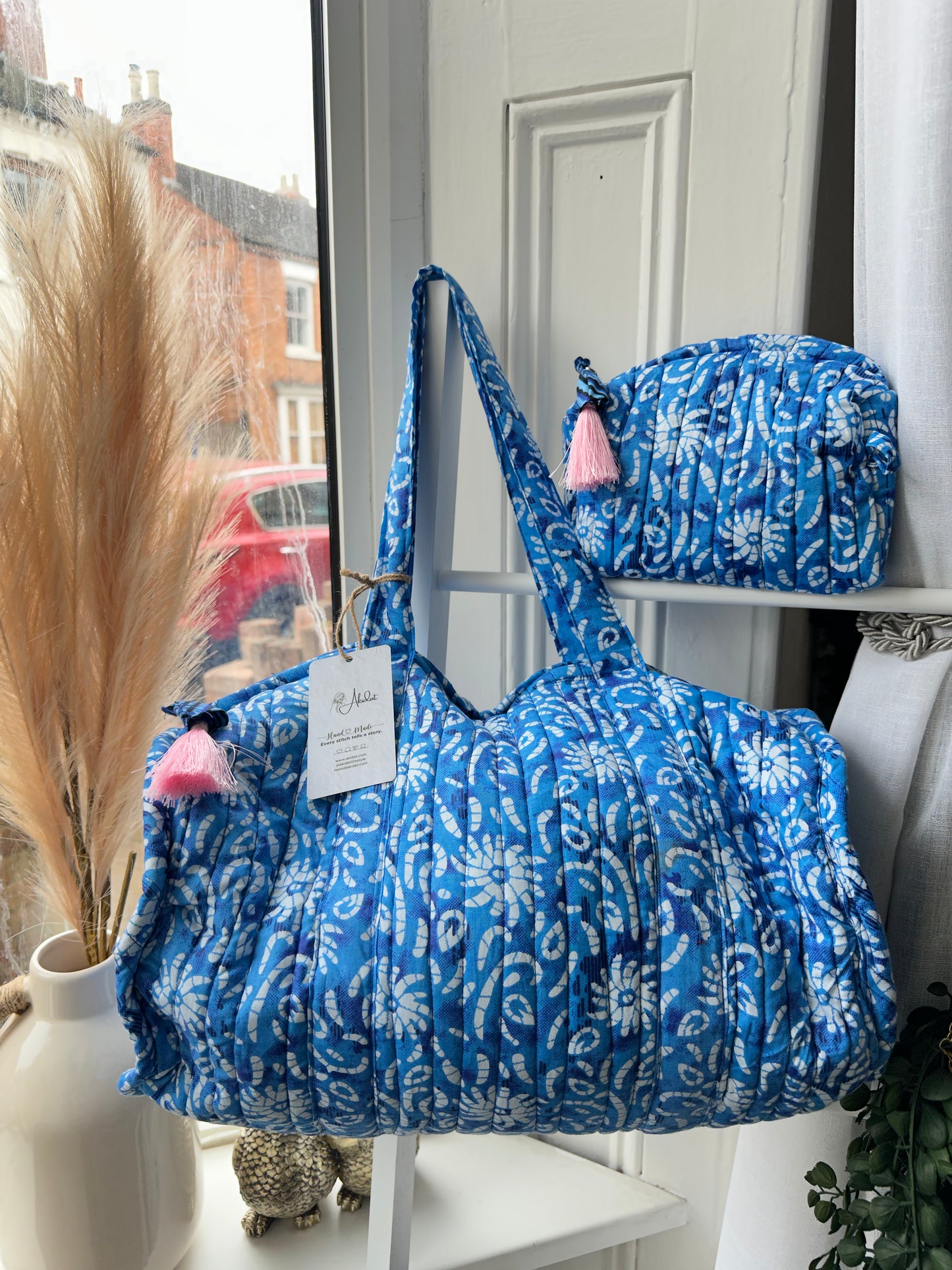 Boho Weekender Vibes Reusable eco-friendly quilted Duffle Bag with a mini pouch