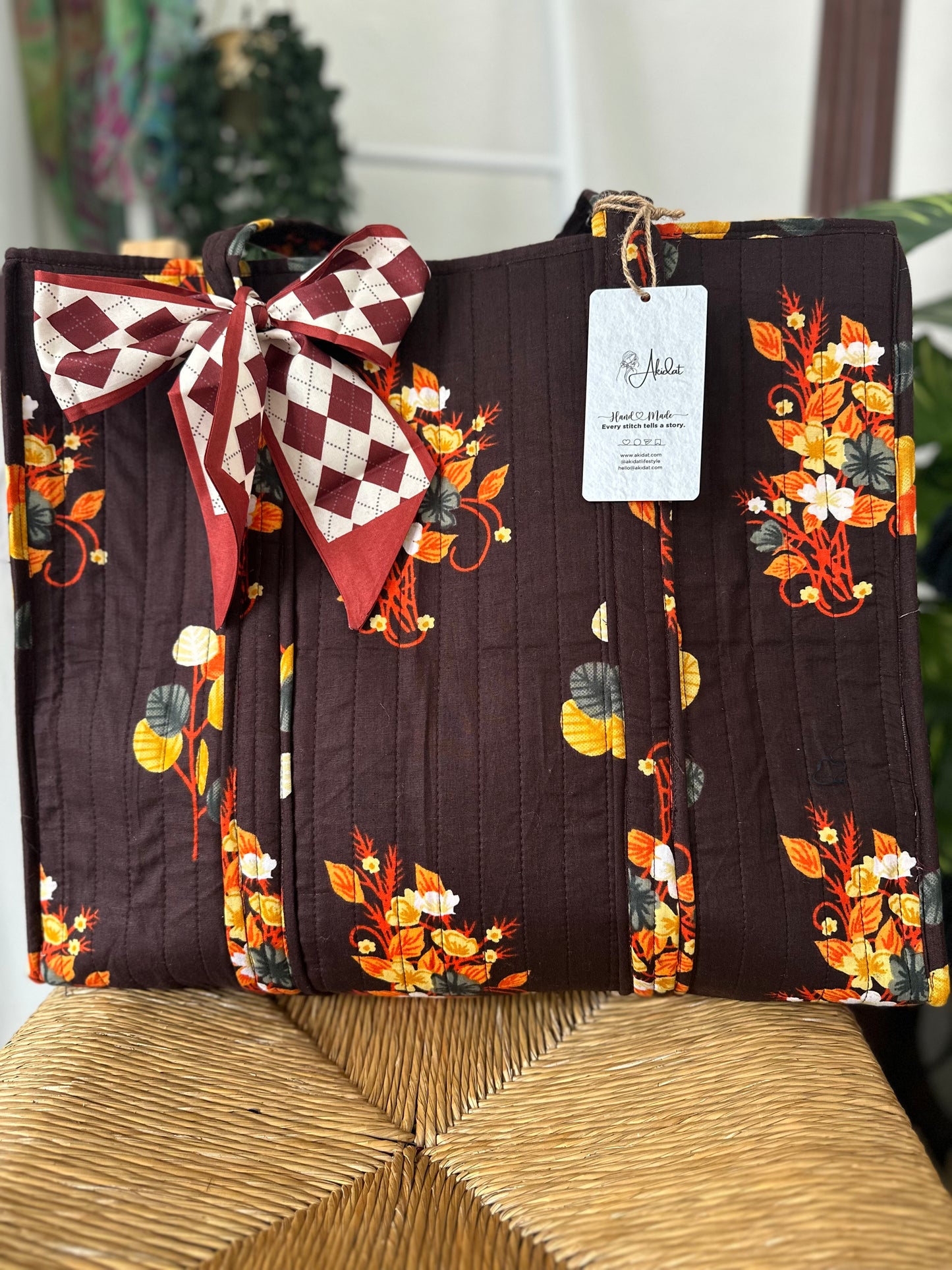 Cocoa Garden Quilted Handmade Zipper Shoulder Bag with Scarf Bow - Women's Sustainable Fashion