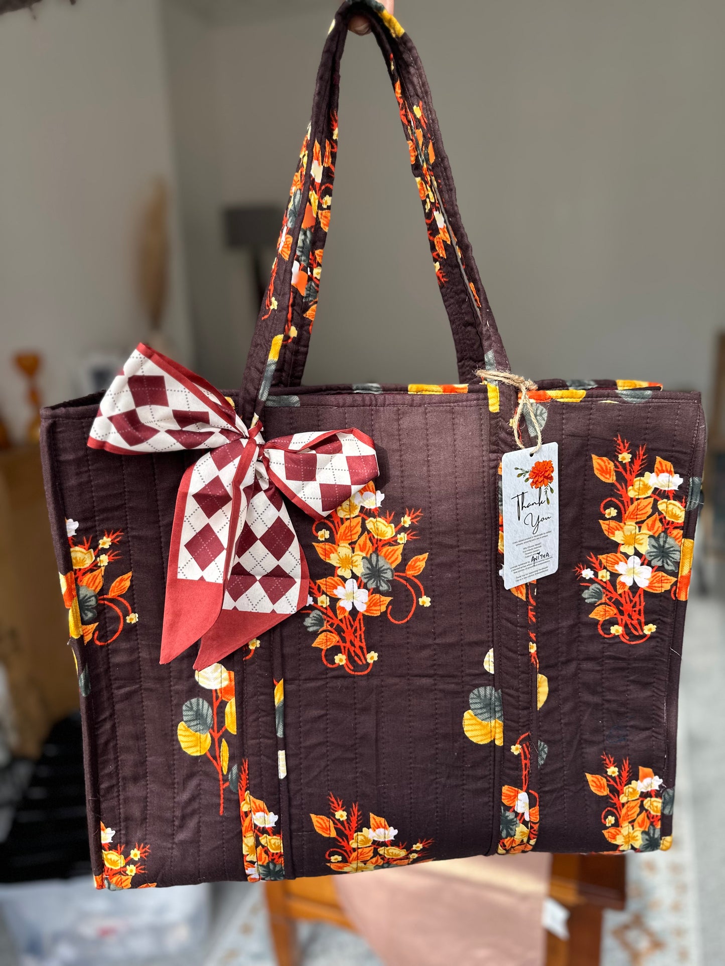 Cocoa Garden Quilted Handmade Zipper Shoulder Bag with Scarf Bow - Women's Sustainable Fashion