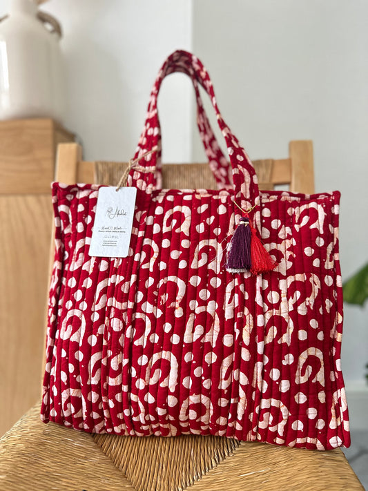 Red Dunes Batik Print Quilted Handmade Zipper Shoulder Bag with Tassels