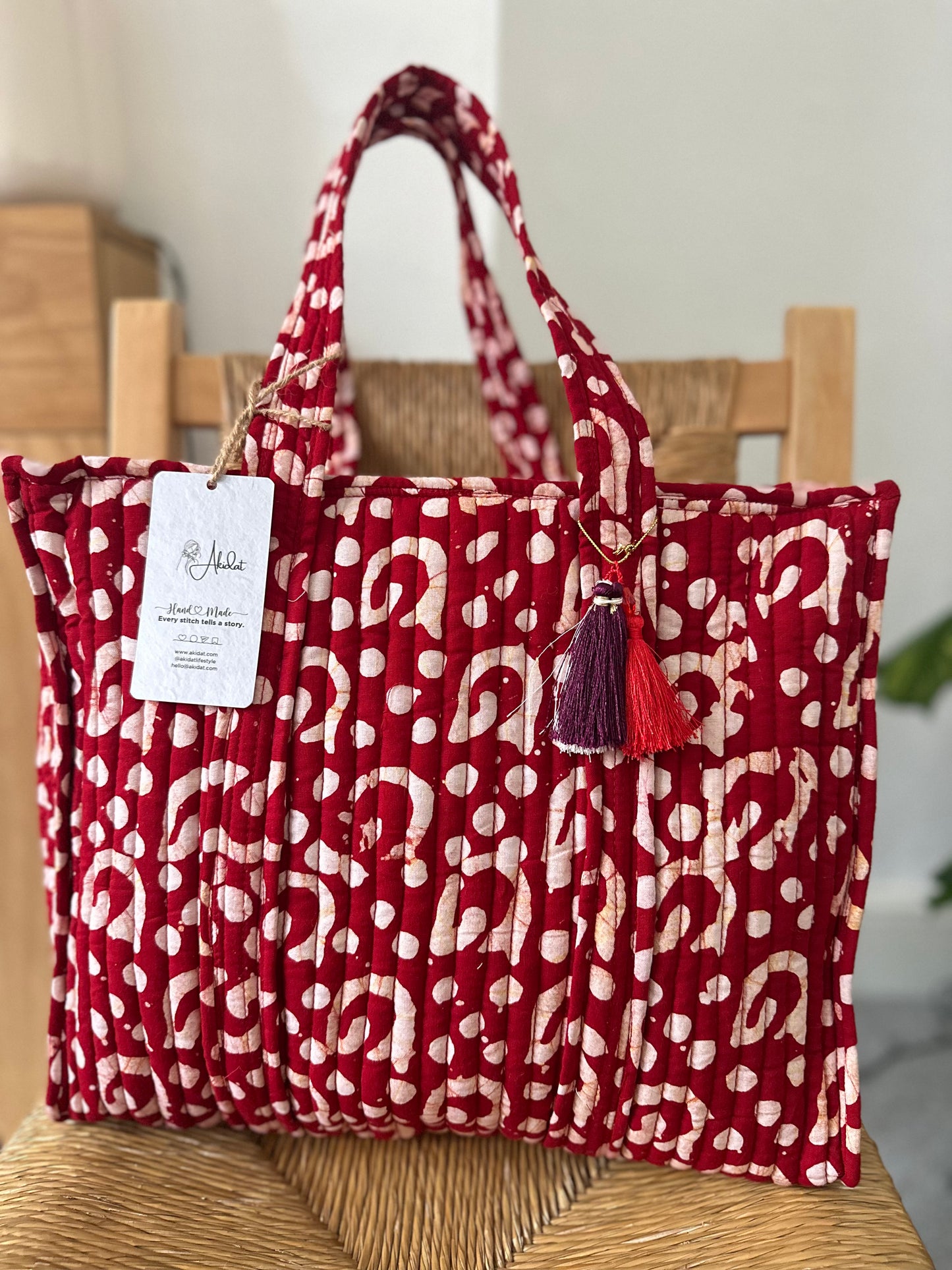 Red Dunes Batik Print Quilted Handmade Zipper Shoulder Bag with Tassels