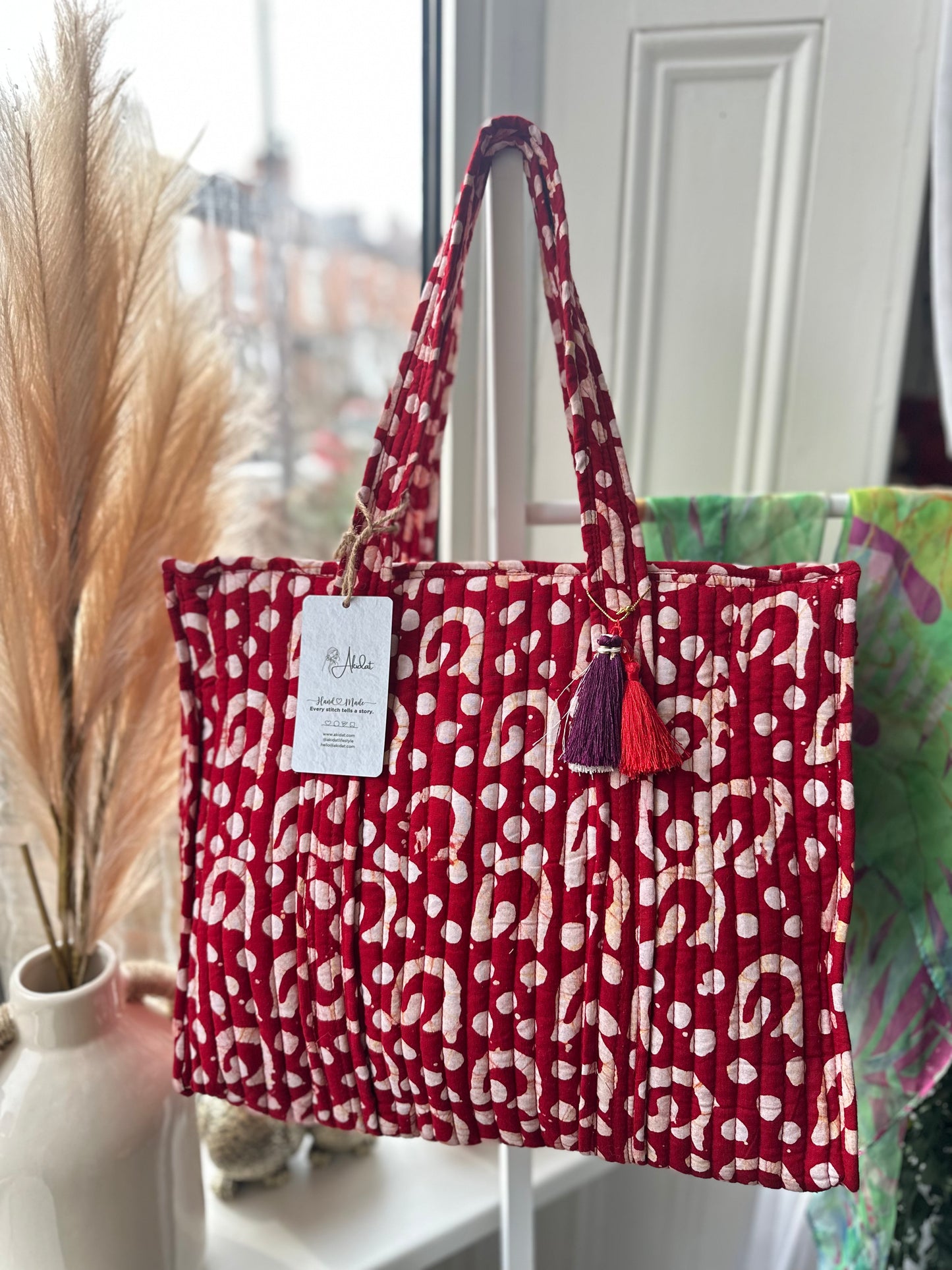 Red Dunes Batik Print Quilted Handmade Zipper Shoulder Bag with Tassels
